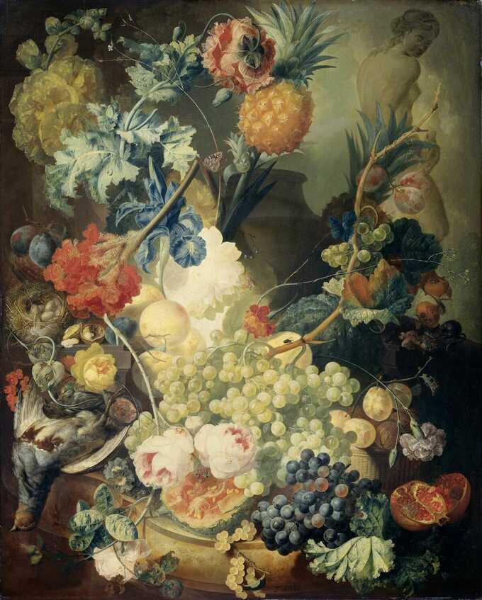 Jan van Os : Nature morte aux fleurs, fruits et oiseaux