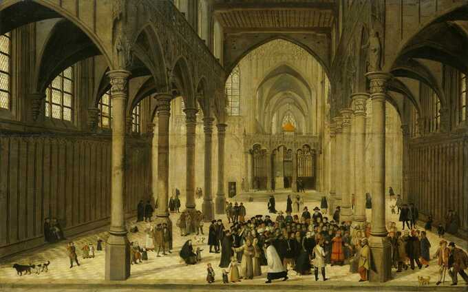 Cornelis van Dalem : Intérieur de l'église avec le Christ prêchant à une congrégation