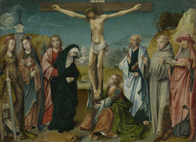 Cornelis Engebrechtsz : Le Christ en croix, avec Marie, Jean, Marie Madeleine et saintes Cécile et Barbara (à gauche) et Pierre, François et Jérôme (à droite)