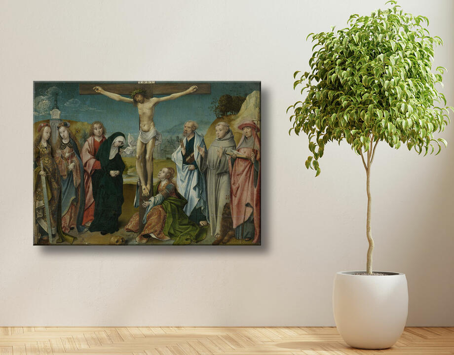 Cornelis Engebrechtsz : Le Christ en croix, avec Marie, Jean, Marie Madeleine et saintes Cécile et Barbara (à gauche) et Pierre, François et Jérôme (à droite)